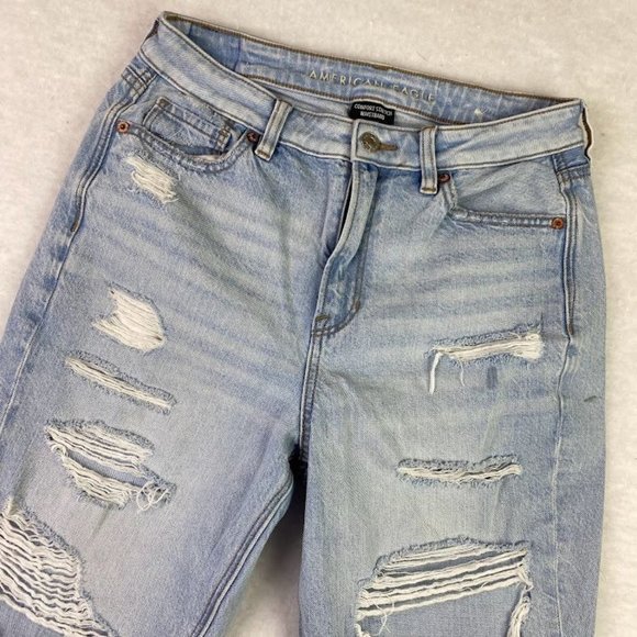 American Eagle Comfort Stretch Hi-Rise Ripped Distressed Mom Jeans Sz. 4 X-SHORT - Picture 2 of 9